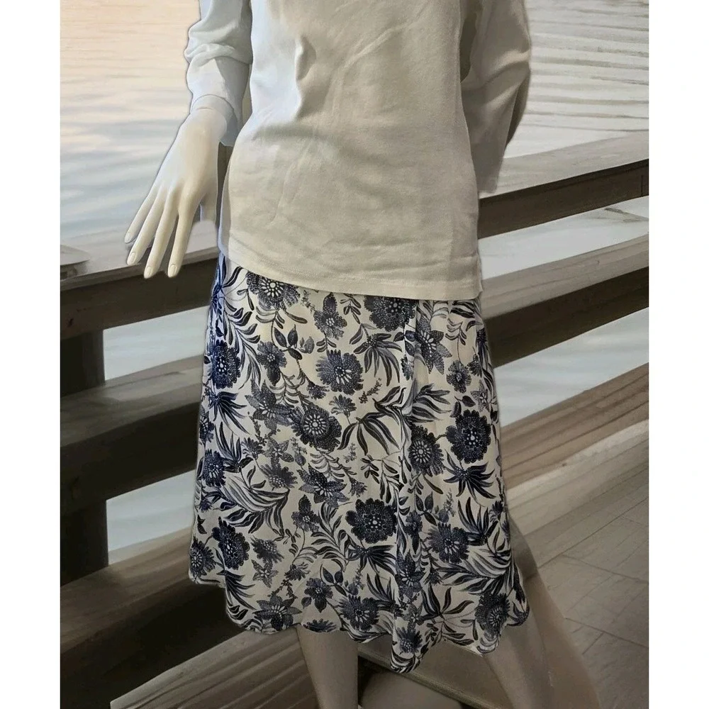 Westport Blue White Floral Skirt Women's Lined Elastic Waist Cottagecore Midi 12